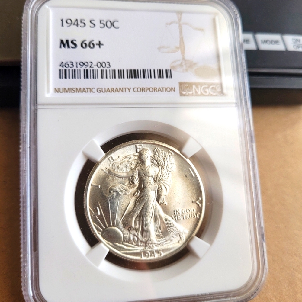 1945S silver walking liberty half dollar coin MS66+ ngc